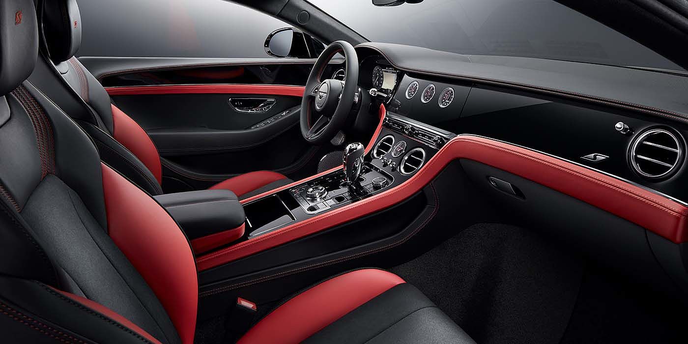 Bentley Cairo Bentley Continental GT S coupe front interior in Beluga black and Hotspur red hide with high gloss Carbon Fibre veneer