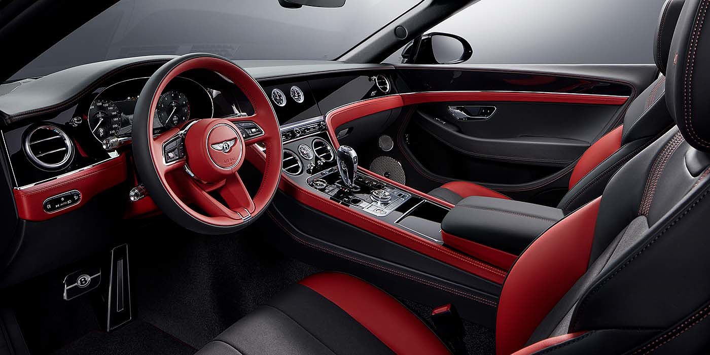 Bentley Cairo Bentley Continental GTC S convertible front interior in Beluga black and Hotspur red hide with high gloss carbon fibre veneer