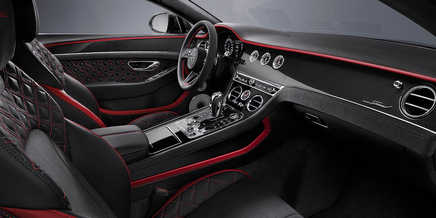 Bentley Cairo Bentley Continental GT Speed coupe front interior in Beluga black and Hotspur red hide