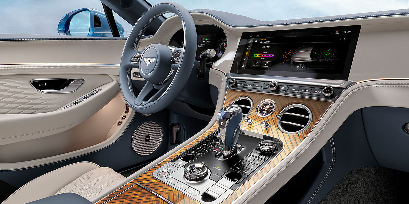 Bentley Cairo New Bentley Continental GTC Azure convertible interior front cabin view with Linen and Brunel hides and Piano Linen by Mulliner veneer featuring centre console and centre MMI screen