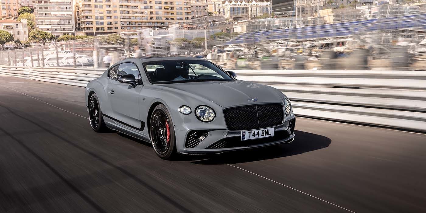 Bentley Cairo Bentley Continental GT S coupe in Cambrian Grey paint front 34 dynamic driving on track
