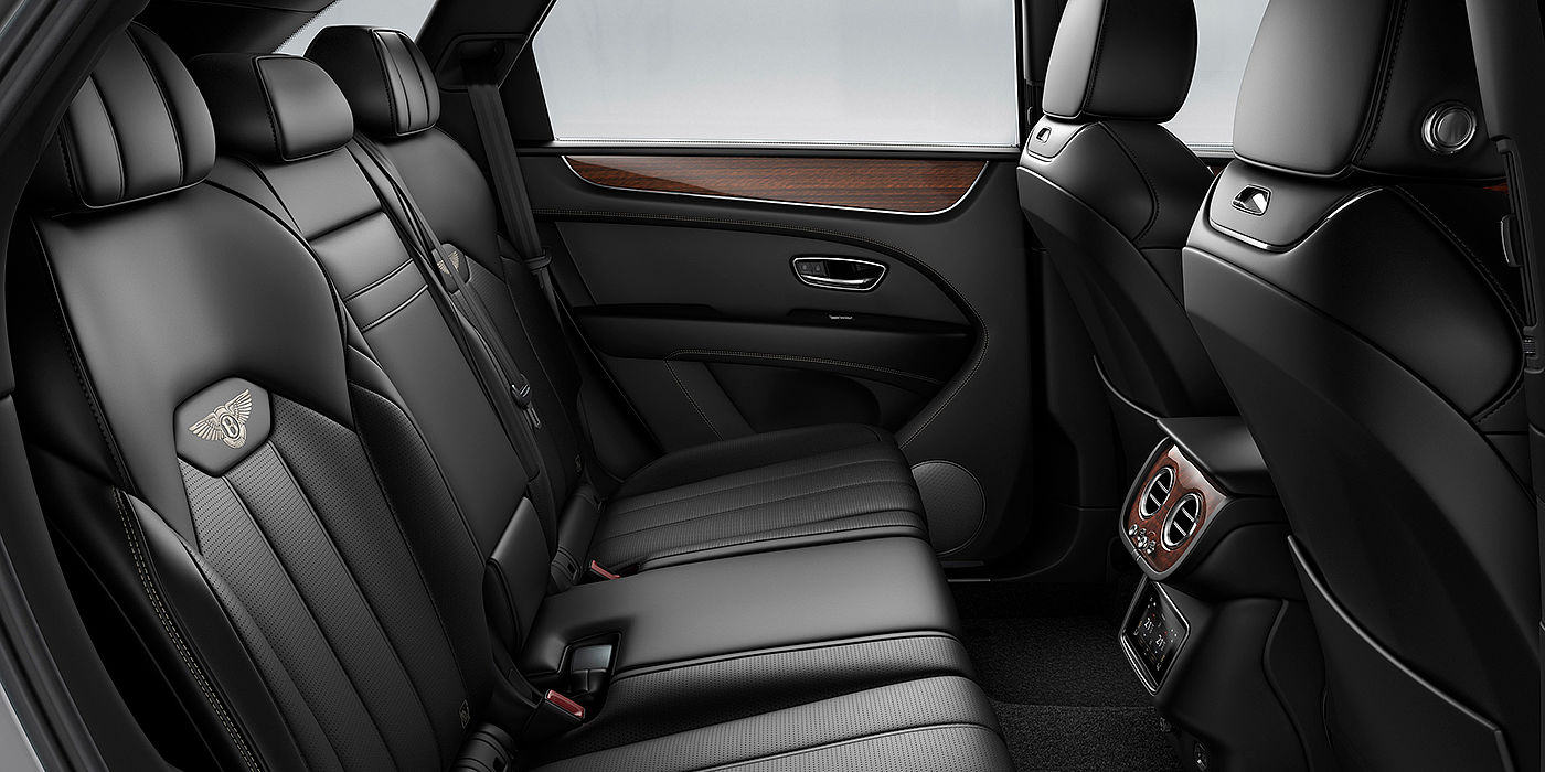 Bentley Cairo Bentey Bentayga interior view for rear passengers with Beluga black hide.