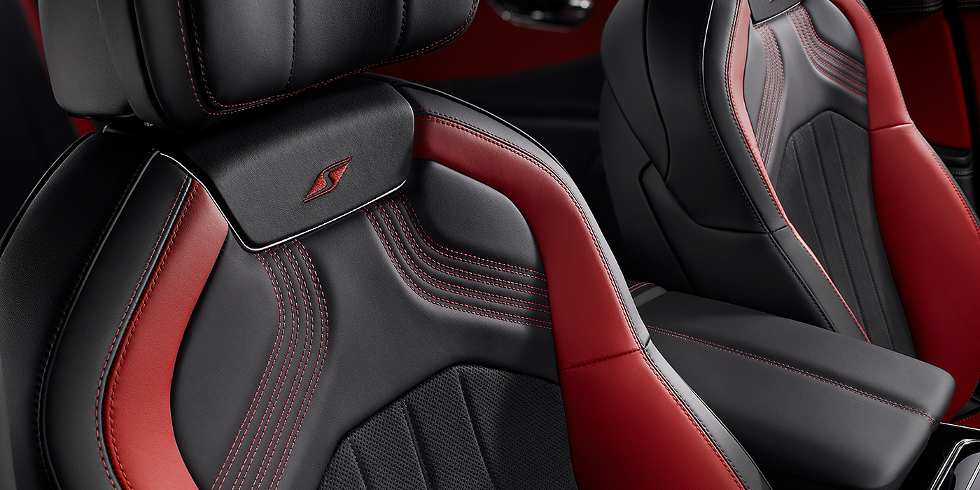 Bentley Cairo Bentley Flying Spur S seat in Beluga black and hotspur red hide with S emblem stitching