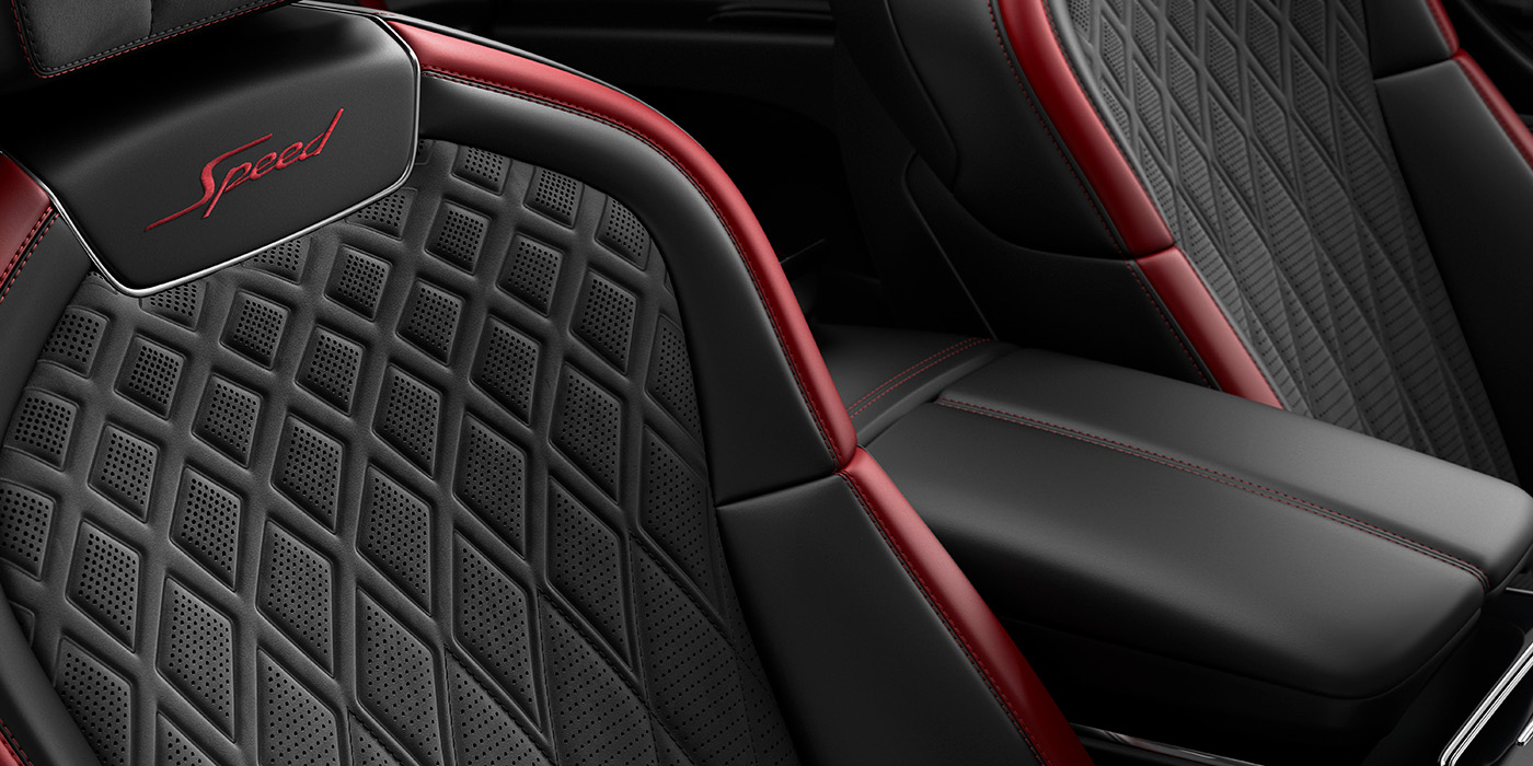 Bentley Cairo Bentley Flying Spur Speed sedan seat stitching detail in Beluga black and Cricket Ball red hide