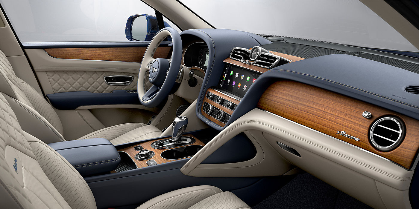 Bentley Cairo Bentley Bentayga Azure SUV front interior in Imperial Blue and Linen hide