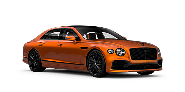 Bentley Cairo Bentley Flying Spur Speed front side angled view in Orange Flame coloured exterior. 
