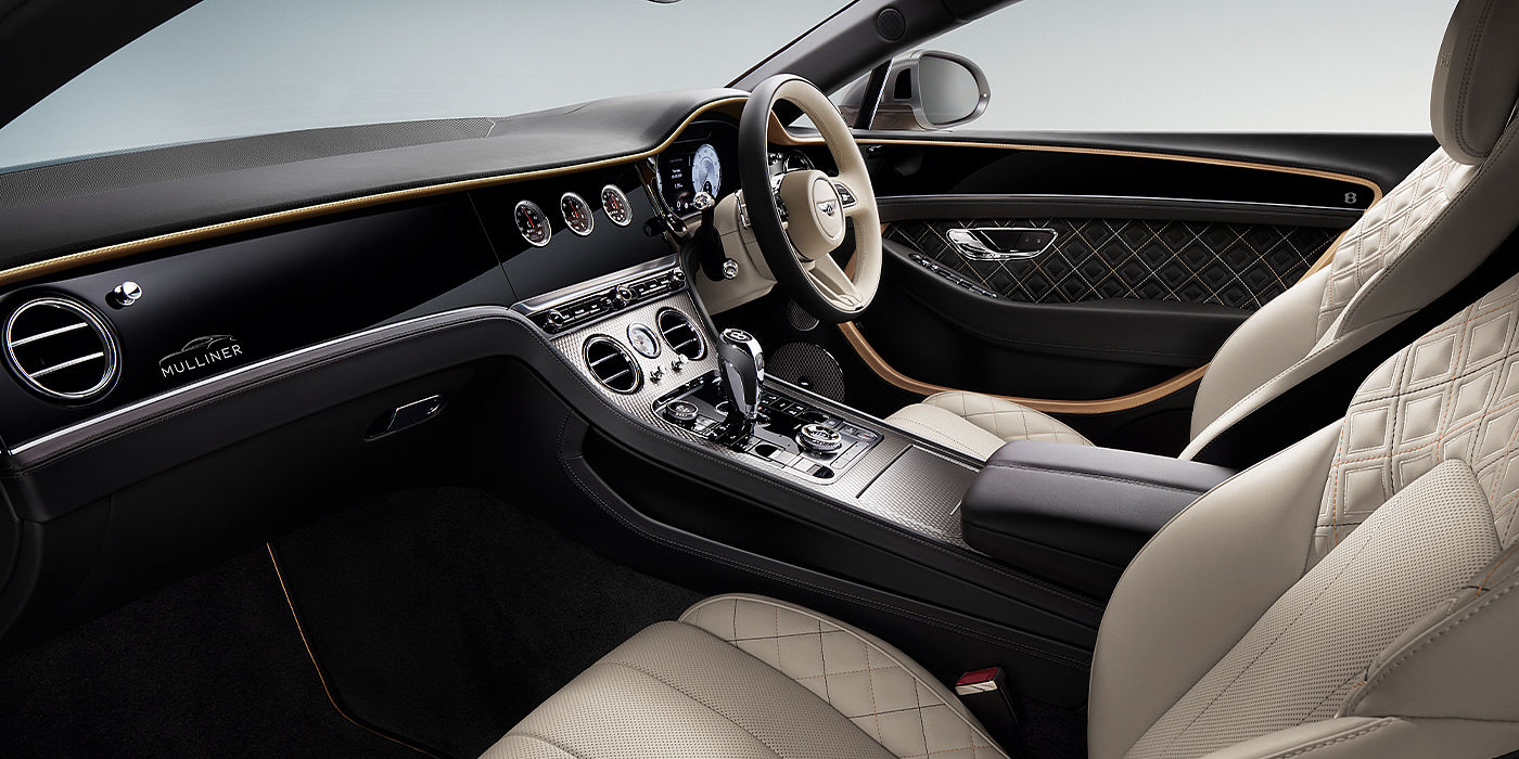 Bentley Cairo Bentley Continental GT Mulliner coupe front interior in Beluga black and Linen hide