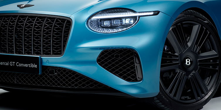 Bentley Cairo New Bentley Continental GT Azure coupe bonnet detail with Blackline Specification including black grille and wheels with Light Windsor blue paint